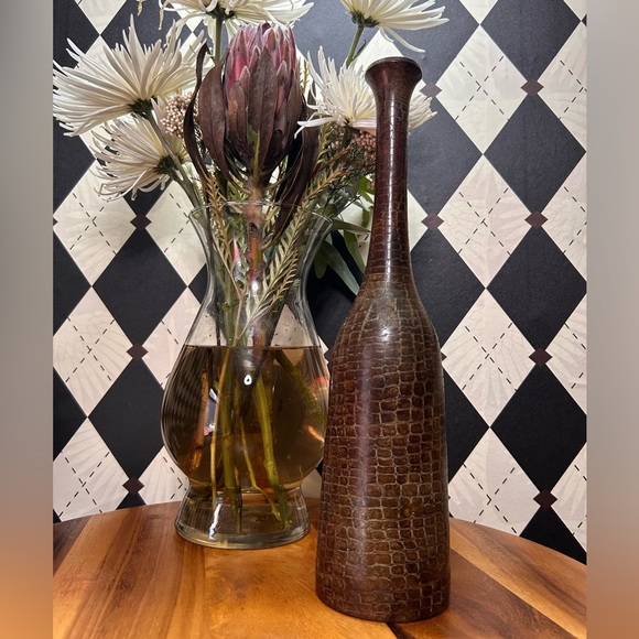 Other - Sculptural Metal Bottle Vase – Croc-Textured Brown Finish| Rustic